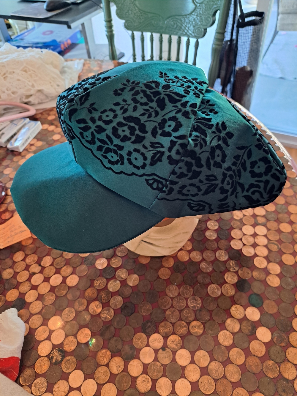Aardvark Odd Ark Teal Floral Velvet Sateen Newsboy Oversized Cap